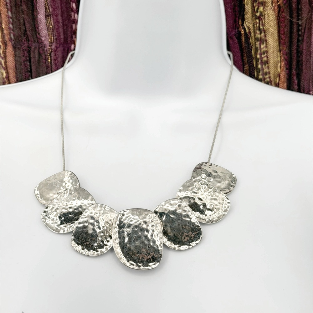 Hammered Silver Tone Bib Statement Necklace Snake Chain 18 Inch Adjustable J4